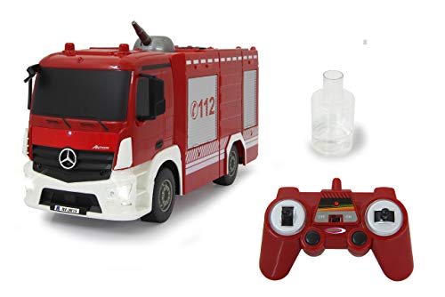 Jamara 404970 Mercedes-Benz Feuerwehr TLF Antos 1:26 2,4GHz-360° manuell drehbare auf/ab bewegbare Spritzdüse, Reale Spritzfunktion, Licht vorne, Wassertank 160ml, Rot von JAMARA