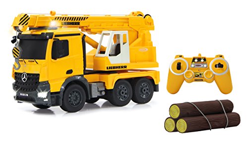 Jamara 405034 - Schwerlastkran Mercedes Liebherr 1:20 2,4G - Kran ausfahren und 660° drehbar, Seil heben / senken, gelbe LED Signallichter, programmierbare Funktionen, realistische Sounds,4 Radantrieb von JAMARA