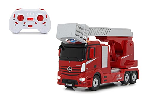 JAMARA 405212 - Feuerwehr Drehleiter Mercedes-Benz Antos 1:24 2,4GHz – realistischer Motorsound, Hupe, drehbare/ausfahrbare Leiter, LED Signallichter, Feuerwehrsirene, Fahr- und Rückfahrlicht, rot von JAMARA