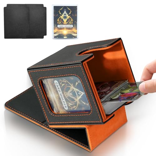 Jamiukro Card Deck Box für MTG Commander, TCG-Kartenbox, PU Leder Magnetic Sammelkarten Aufbewahrungsbox, für 100 doppelärmelige Karten, Schwarz & Orange von Jamiukro