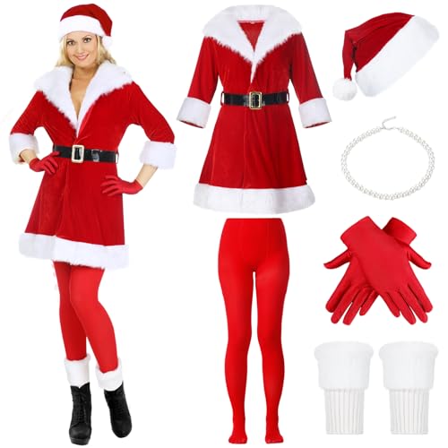 Jamntower Weihnachtsmann-Kostüm für Damen, Erwachsene, Cosplay, Weihnachtskleid mit Gürtel, Hut, Halskette, Handschuhe für Weihnachtsfeier, 6 Stück (XL) von Jamntower