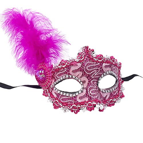 Jamron Damen Elegant Kostüm Maske mit Strass/Feder für Masquerade Party Abschlussball Halloween Karneval Fuchsie SN070309 von Jamron