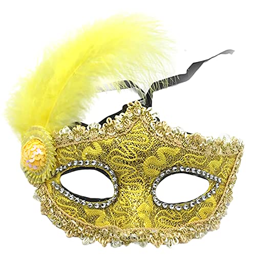 Jamron Damen Elegant Kostüm Maske mit Strass/Feder für Masquerade Party Abschlussball Halloween Karneval Gelb SN070309 von Jamron