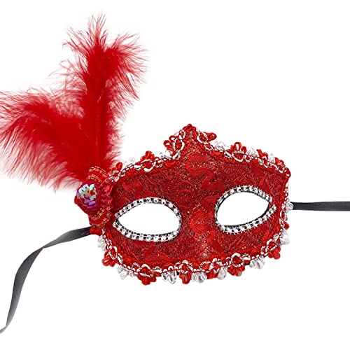 Jamron Damen Elegant Kostüm Maske mit Strass/Feder für Masquerade Party Abschlussball Halloween Karneval Rot SN070309 von Jamron