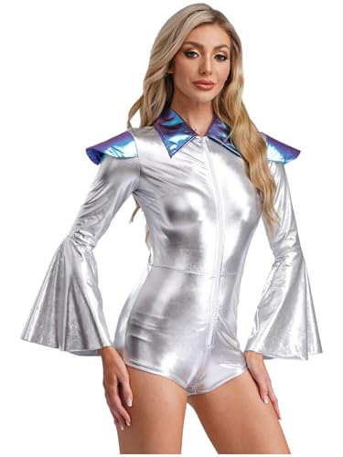 Jan Jean Damen Alien Kostüm Metallic Bodysuit Flare Ärmel Jumpsuit Kappe Schulter Overall mit Reißverschluss Karneval Fasching Kostüm Blau 3XL von Jan Jean