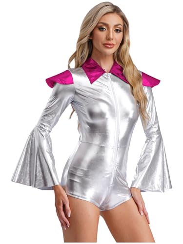 Jan Jean Damen Alien Kostüm Metallic Bodysuit Flare Ärmel Jumpsuit Kappe Schulter Overall mit Reißverschluss Karneval Fasching Kostüm Hot Pink 3XL von Jan Jean