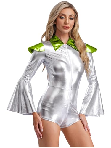 Jan Jean Damen Alien Kostüm Metallic Bodysuit Flare Ärmel Jumpsuit Kappe Schulter Overall mit Reißverschluss Karneval Fasching Kostüm Leuchtendes Grün 3XL von Jan Jean