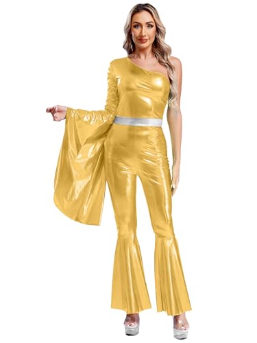 Jan Jean Damen Metallic Bodysuit Glänzend Eine Schulter 70er Disco Tanzkostüm Lang Jumpsuit Karneval Kostüm Gold L von Jan Jean