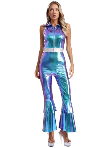 Jan Jean Damen Metallic Overall Disco Kostüm 70er Jahre Jumpsuit Ärmellos Bodysuit Jumpsuit mit Schlaghose Rave Outfit Karneval Fasching Party Clubwear Blau 3XL von Jan Jean