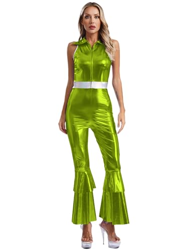 Jan Jean Damen Metallic Overall Disco Kostüm 70er Jahre Jumpsuit Ärmellos Bodysuit Jumpsuit mit Schlaghose Rave Outfit Karneval Fasching Party Clubwear Grün 3XL von Jan Jean