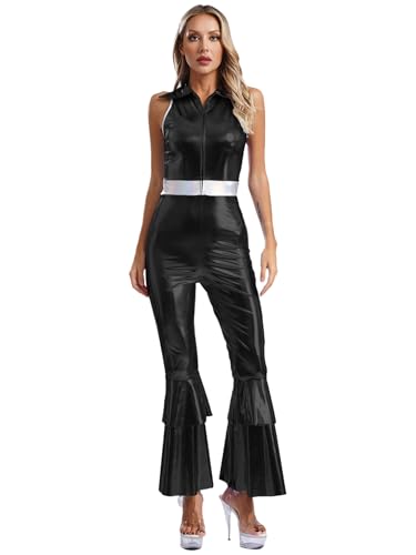 Jan Jean Damen Metallic Overall Disco Kostüm 70er Jahre Jumpsuit Ärmellos Bodysuit Jumpsuit mit Schlaghose Rave Outfit Karneval Fasching Party Clubwear Schwarz 3XL von Jan Jean