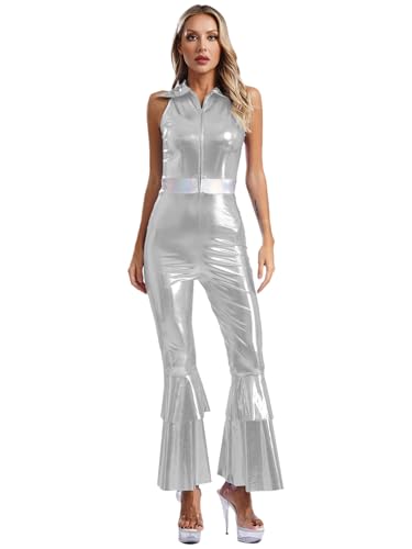 Jan Jean Damen Metallic Overall Disco Kostüm 70er Jahre Jumpsuit Ärmellos Bodysuit Jumpsuit mit Schlaghose Rave Outfit Karneval Fasching Party Clubwear Silber 3XL von Jan Jean