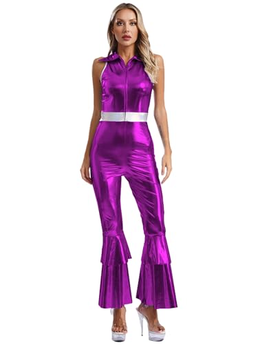 Jan Jean Damen Metallic Overall Disco Kostüm 70er Jahre Jumpsuit Ärmellos Bodysuit Jumpsuit mit Schlaghose Rave Outfit Karneval Fasching Party Clubwear Violett 3XL von Jan Jean