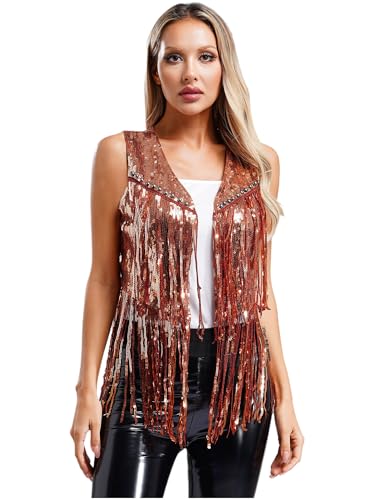 Jan Jean Damen Metallic Pailletten Weste Ärmellose Fransen Jacke Weste Top Hippie Weste Cowboy Style Cardigan Jacken Halloween Karneval Kostüm Gold L von Jan Jean