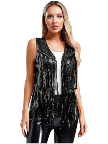 Jan Jean Damen Metallic Pailletten Weste Ärmellose Fransen Jacke Weste Top Hippie Weste Cowboy Style Cardigan Jacken Halloween Karneval Kostüm Schwarz L von Jan Jean