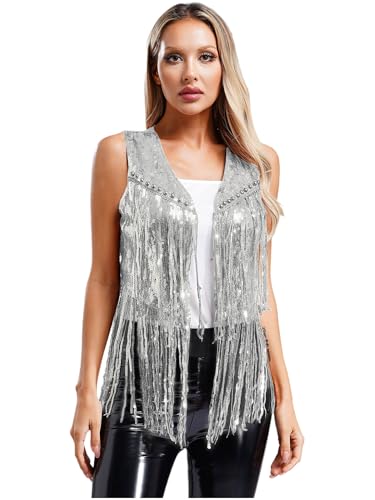 Jan Jean Damen Metallic Pailletten Weste Ärmellose Fransen Jacke Weste Top Hippie Weste Cowboy Style Cardigan Jacken Halloween Karneval Kostüm Silber L von Jan Jean