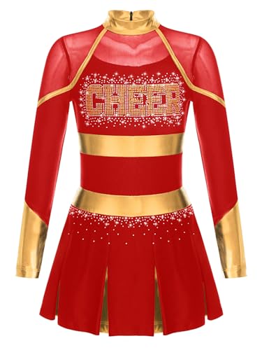 Jan Jean Kinder Mädchen Strass Cheer-leading TanzKleid Langarm Cheer Leader Uniform Halloween Karneval Fasching Rot 110-116 von Jan Jean