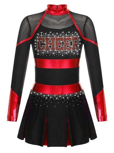 Jan Jean Kinder Mädchen Strass Cheer-leading TanzKleid Langarm Cheer Leader Uniform Halloween Karneval Fasching Schwarz Rot 110-116 von Jan Jean