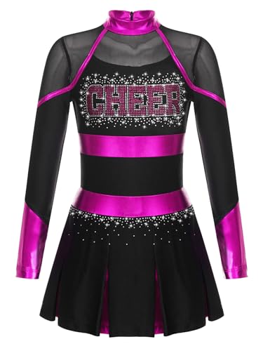 Jan Jean Kinder Mädchen Strass Cheer-leading TanzKleid Langarm Cheer Leader Uniform Halloween Karneval Fasching Schwarz & Hot Pink 110-116 von Jan Jean