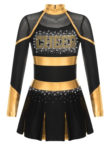 Jan Jean Kinder Mädchen Strass Cheer-leading TanzKleid Langarm Cheer Leader Uniform Halloween Karneval Fasching Schwarzes Gold 110-116 von Jan Jean