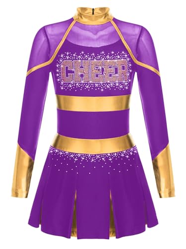 Jan Jean Kinder Mädchen Strass Cheer-leading TanzKleid Langarm Cheer Leader Uniform Halloween Karneval Fasching Violett 110-116 von Jan Jean