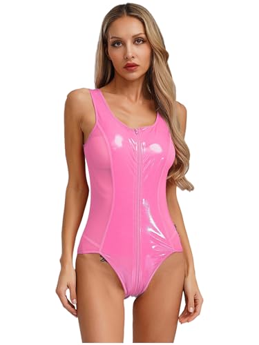 Jan Jean Lack Leader Bodysuit Damen Glänzend Body PU-Leder Jumpsuit U-Ausschnitt Trikot Frau Patchwork Catsuit Rollenspiele Kostüm Rosa S von Jan Jean