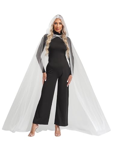 Jan Jean Umhang Damen mit Kapuze Transparent Tüll Lange Robe Mesh Cape für Halloween Kostüm Cosplay Party Elfenbein L von Jan Jean