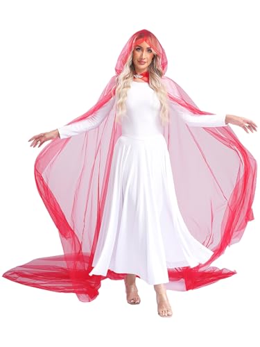 Jan Jean Umhang Damen mit Kapuze Transparent Tüll Lange Robe Mesh Cape für Halloween Kostüm Cosplay Party Rot L von Jan Jean