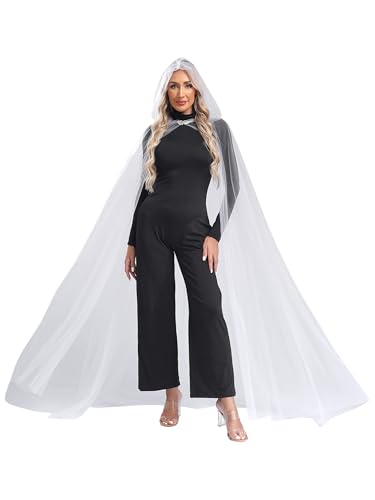 Jan Jean Umhang Damen mit Kapuze Transparent Tüll Lange Robe Mesh Cape für Halloween Kostüm Cosplay Party Weiß L von Jan Jean