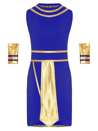 JanJean 2Pcs Jungen Ägyptischen Pharao Kostüm Altes Ägypten König Outfit Ärmellose Overall + Ein Paar Armbänder Halloween Karneval Kostüm Königsblau 110-116 von JanJean