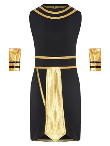 JanJean 2Pcs Jungen Ägyptischen Pharao Kostüm Altes Ägypten König Outfit Ärmellose Overall + Ein Paar Armbänder Halloween Karneval Kostüm Schwarz 122-128 von JanJean