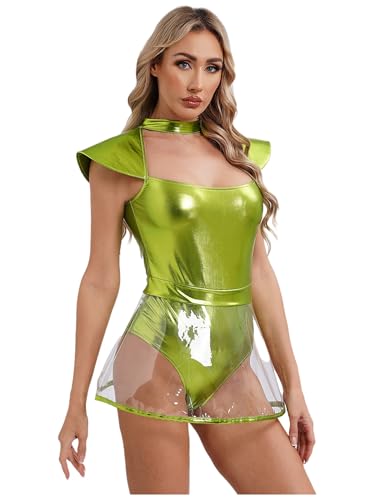 JanJean Alien Kostüm Damen Metallisch Glänzend Body mit Minirock Alien Stirnband Disco Tanzkostüm Karneval Facshing Mottoparty Rave Outfit Leuchtendes Grün XL von JanJean