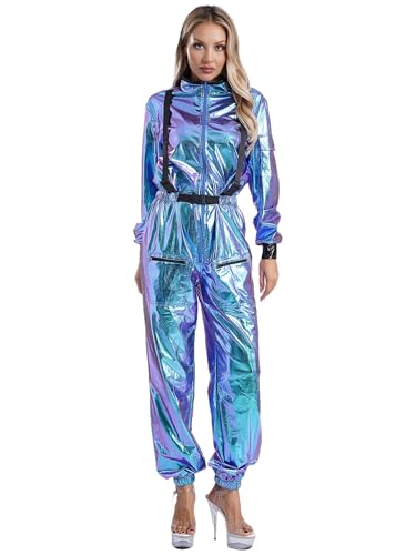 JanJean Astronaut Kostüm Damen Halloween Kostüm Raumfahrer Weltall Outfit Metallic Jumpsuit Overall Langarm Spacegirl Kostüm Karneval Fasching Party Blau 3XL von JanJean