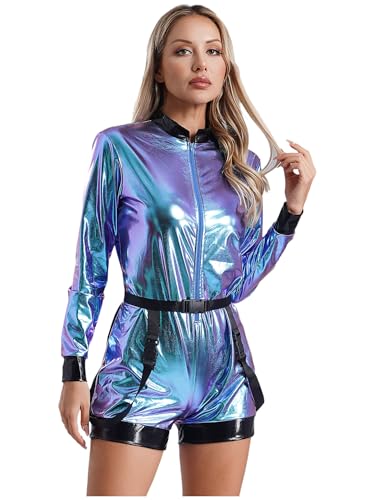 JanJean Astronaut Kostüm Damen Weltraum Kostüm Metallic Jumpsuit Overall Kurz Halloween Karneval Fasching Kostüm Space Girl Raumfahrer Cosplay Blau 3XL von JanJean