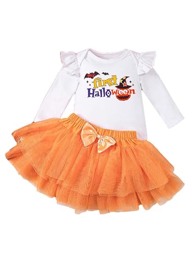 JanJean Baby Mädchen Süß Bekleidungsset Halloween Outfit Langarm Baumwolle Strampler Tutu Rock mit Bowknot Neugeborene First Halloween Kürbis Kostüm Orange 50-56 von JanJean