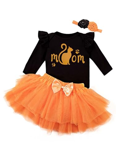 JanJean Baby Mädchen Süß Bekleidungsset Halloween Outfit Langarm Baumwolle Strampler Tutu Rock mit Bowknot Neugeborene First Halloween Kürbis Kostüm Schwarzorange 62-68 von JanJean