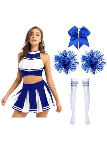 JanJean Cheer Leader Kostüm Damen Cheerleading Stehkragen ärmellos Crop-Top mit Minifaltenrock Halloween Party Tanzkleidung A Blau L von JanJean