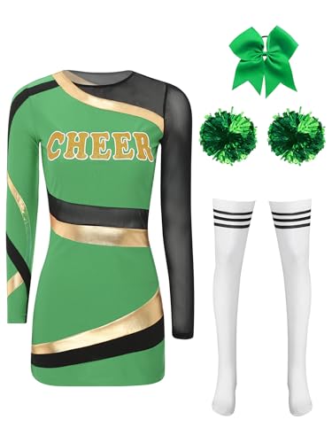 JanJean Cheer Leader Kostüm Damen Halloween Kostüm Langarm Kleid Minikleid mit Pompoms Schulmädchen Uniform Cheerleading Outfit Karnaval Fasching Kostüm Grün L von JanJean