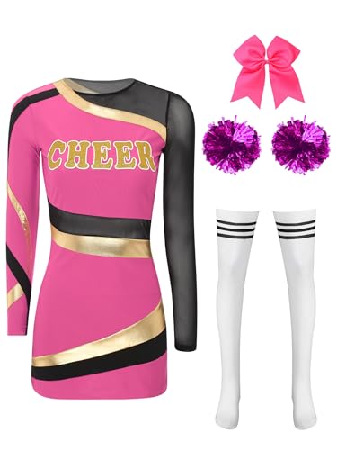 JanJean Cheer Leader Kostüm Damen Halloween Kostüm Langarm Kleid Minikleid mit Pompoms Schulmädchen Uniform Cheerleading Outfit Karnaval Fasching Kostüm Hot Pink S von JanJean