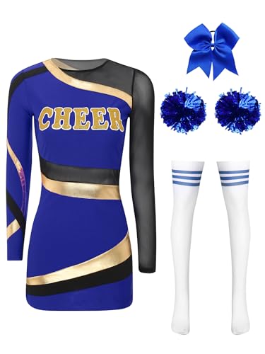 JanJean Cheer Leader Kostüm Damen Halloween Kostüm Langarm Kleid Minikleid mit Pompoms Schulmädchen Uniform Cheerleading Outfit Karnaval Fasching Kostüm Königsblau L von JanJean