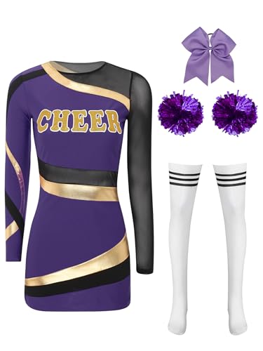 JanJean Cheer Leader Kostüm Damen Halloween Kostüm Langarm Kleid Minikleid mit Pompoms Schulmädchen Uniform Cheerleading Outfit Karnaval Fasching Kostüm Lila XXL von JanJean