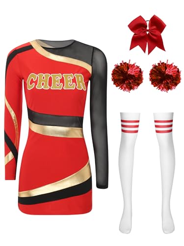 JanJean Cheer Leader Kostüm Damen Halloween Kostüm Langarm Kleid Minikleid mit Pompoms Schulmädchen Uniform Cheerleading Outfit Karnaval Fasching Kostüm Rot L von JanJean