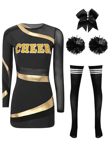 JanJean Cheer Leader Kostüm Damen Halloween Kostüm Langarm Kleid Minikleid mit Pompoms Schulmädchen Uniform Cheerleading Outfit Karnaval Fasching Kostüm Schwarz S von JanJean