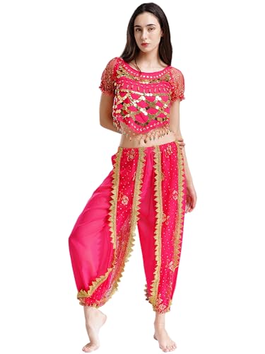 JanJean Damen Bauchtanz Kostüm Pailletten Crop Top Tanz Oberteil Laterne Hosen Lange Pumphose Jasmin Kostüm Indische Tanzkleidung Rosa A Einheitsgröße von JanJean