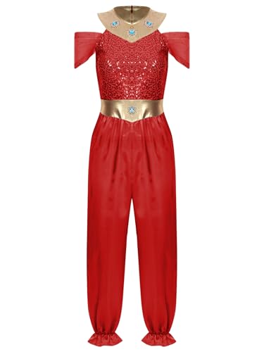 JanJean Damen Bauchtanz Kostüm Prinzessin Jasmin Kostüm Arabische Indische Verkleidung Tanzkleid Tanzkostüm Halloween Karneval Fasching Party Rot XL von JanJean