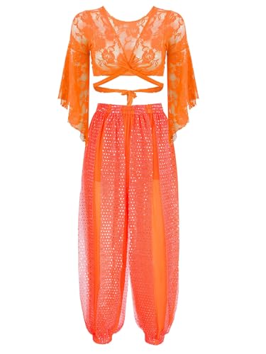 JanJean Damen Bauchtanz Kostüm Spitzen Crop Top Tanz Oberteil Glitzer Laterne Hosen Pumphose Bauchtanz Hose Jasmin Kostüm Indische Tanzkleidung Orange Einheitsgröße von JanJean