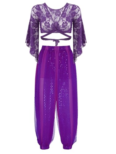 JanJean Damen Bauchtanz Kostüm Spitzen Crop Top Tanz Oberteil Glitzer Laterne Hosen Pumphose Bauchtanz Hose Jasmin Kostüm Indische Tanzkleidung Violett Einheitsgröße von JanJean