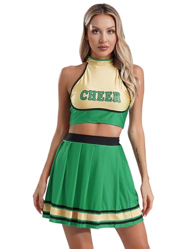 JanJean Damen Cheer Leader Kostüm Cheerleading Outfit Neckholder Crop Top Bauchfrei Shirt mit Faltenrock Tanzrock Halloween Karneval Fasching Party Grün S von JanJean