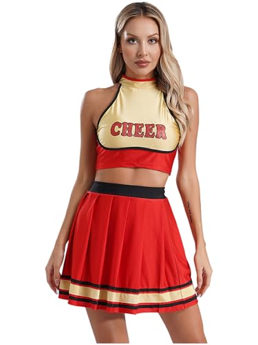 JanJean Damen Cheer Leader Kostüm Cheerleading Outfit Neckholder Crop Top Bauchfrei Shirt mit Faltenrock Tanzrock Halloween Karneval Fasching Party Rot S von JanJean