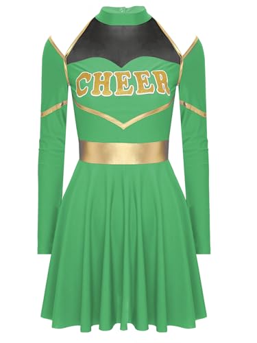 JanJean Damen Cheer Leader Kostüm Langarm Tanzkleid mit Pompoms Haarband Cheerleading Uniform Schulmädchen Outfit Karnaval Fasching Kostüm A Grün L von JanJean